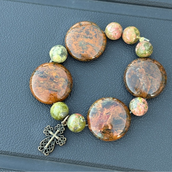 Polished Stone Cross Stretch Bracelet Christian Bohemian Natural Christ - Picture 1 of 3